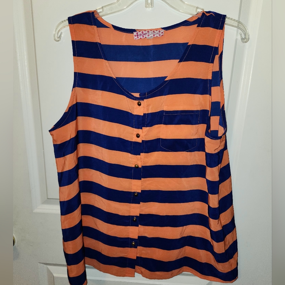 Zoe Sundae Striped Orange & Blue  Sleeveless Button Front Top Size Large (A69)